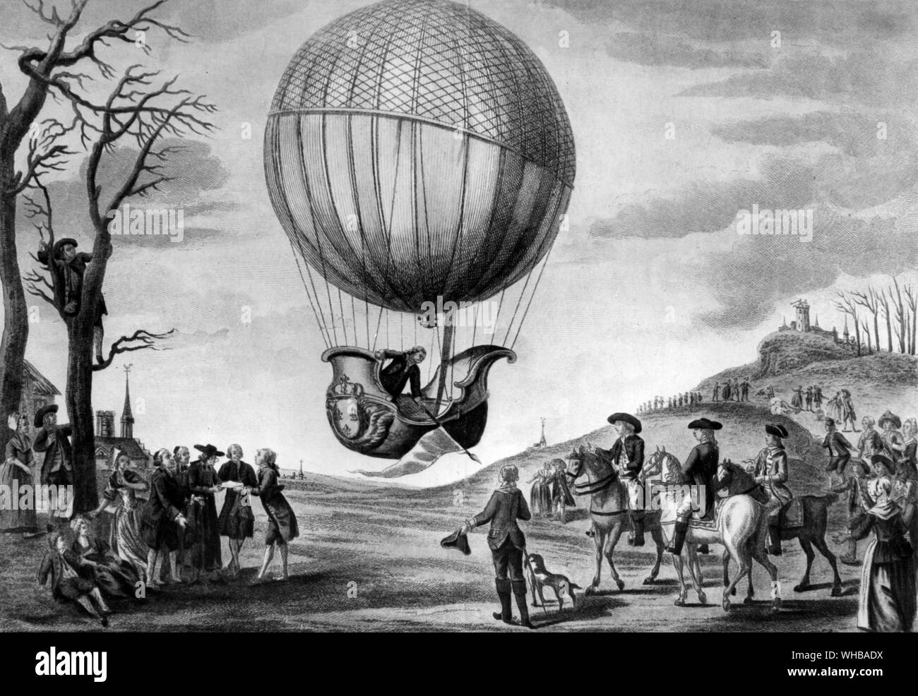 Globus, nach Aerostatique Desrais, von Denis, Paris Chez Jacques Chereau. Charles re allein aufsteigend nach der Landung am Nesle. 1. Dezember 1783. Stockfoto