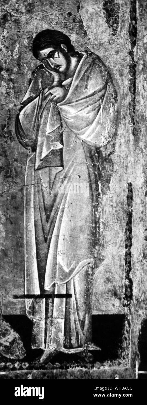 St John, Detail der Kreuzigung ein Symbol der zweiten Hälfte des 13. Jahrhunderts. Das Museum, Skopolje Stockfoto
