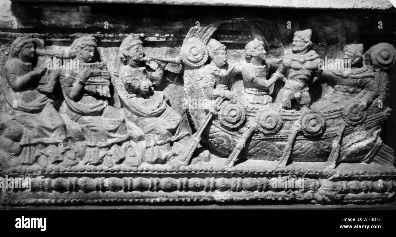 Relief Bestattung Urne, Alabaster, Ulysses und Sirenen, Volterra, Toskana, Italien Stockfoto