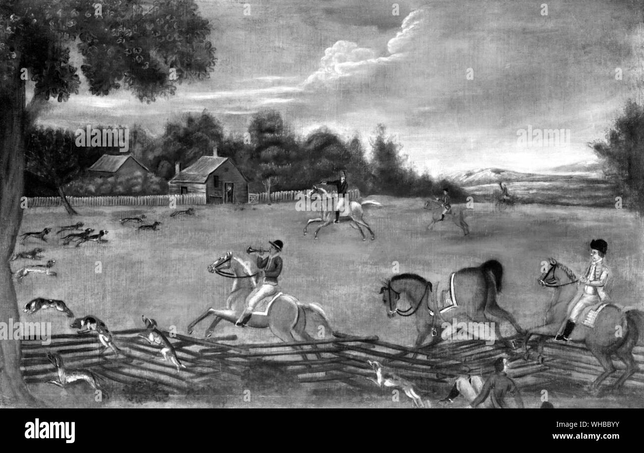 Jagd Szene am Ende der Jagd 1800 in Virginia, USA. Bartholomäus Truehart der Powhatan mit seinen Hunden Stockfoto
