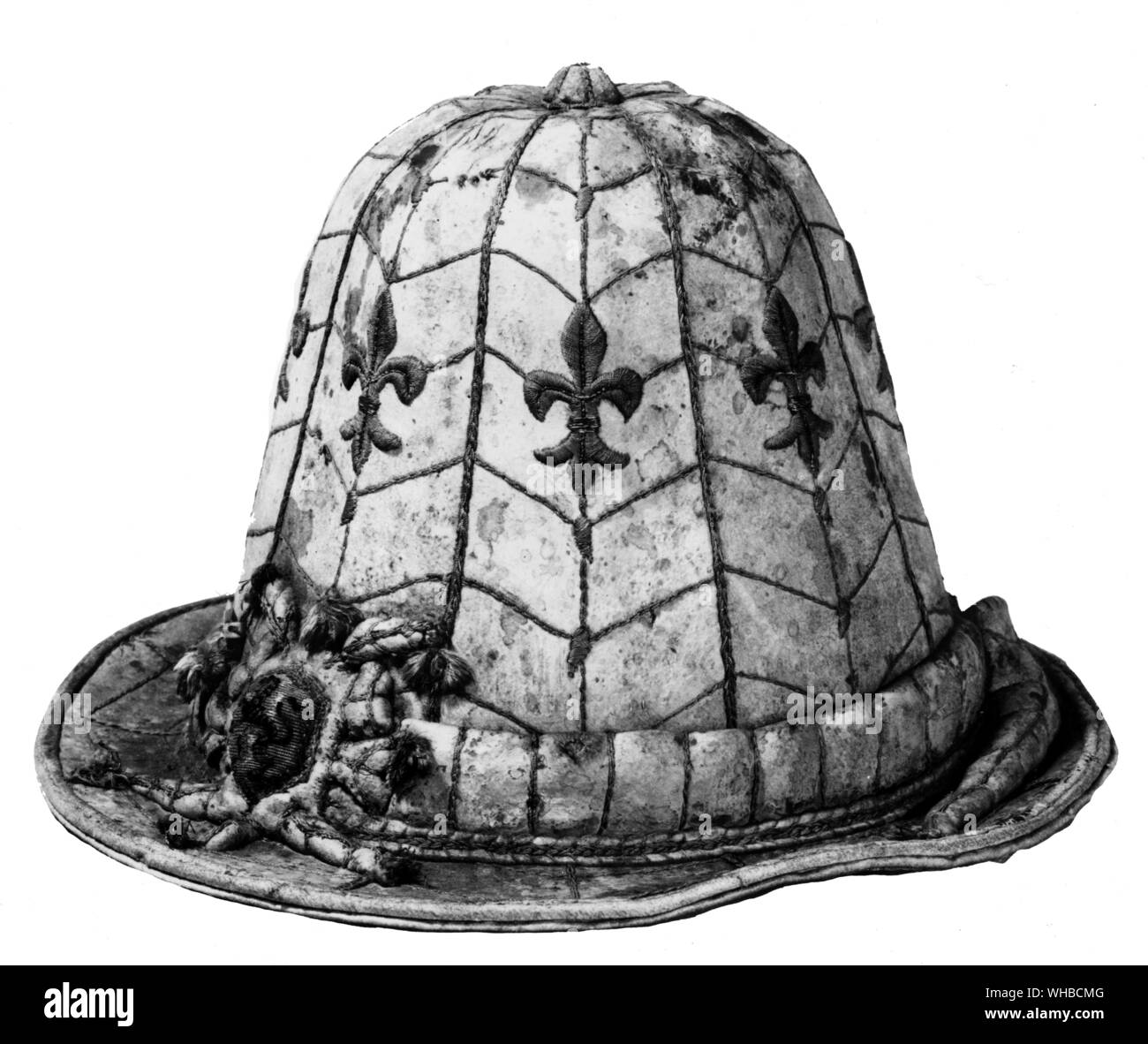 Leder Hut bestickt mit Seide, Englisch Ende des 16. Jahrhunderts Stockfoto