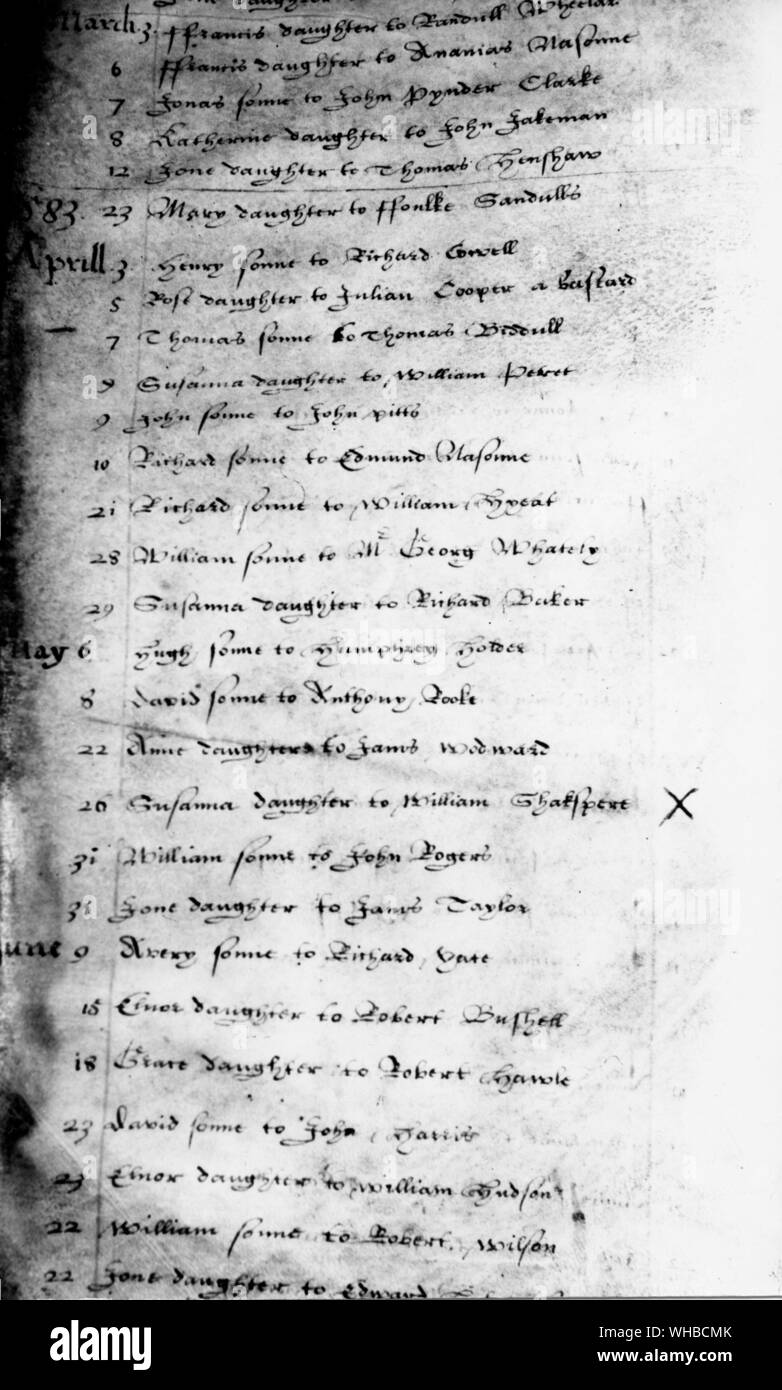 Eintrag im Stratford-upon-Avon parish Register der Taufe von Susanna Shakespeare. 26. April 1583 Stockfoto