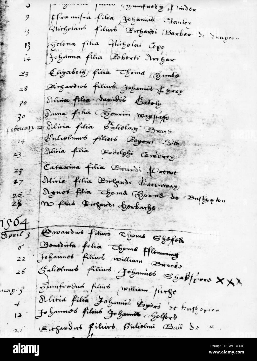 Eintrag im Stratford-upon-Avon parish Register der Taufe von William Shakespeare. 26. April 1564 Stockfoto