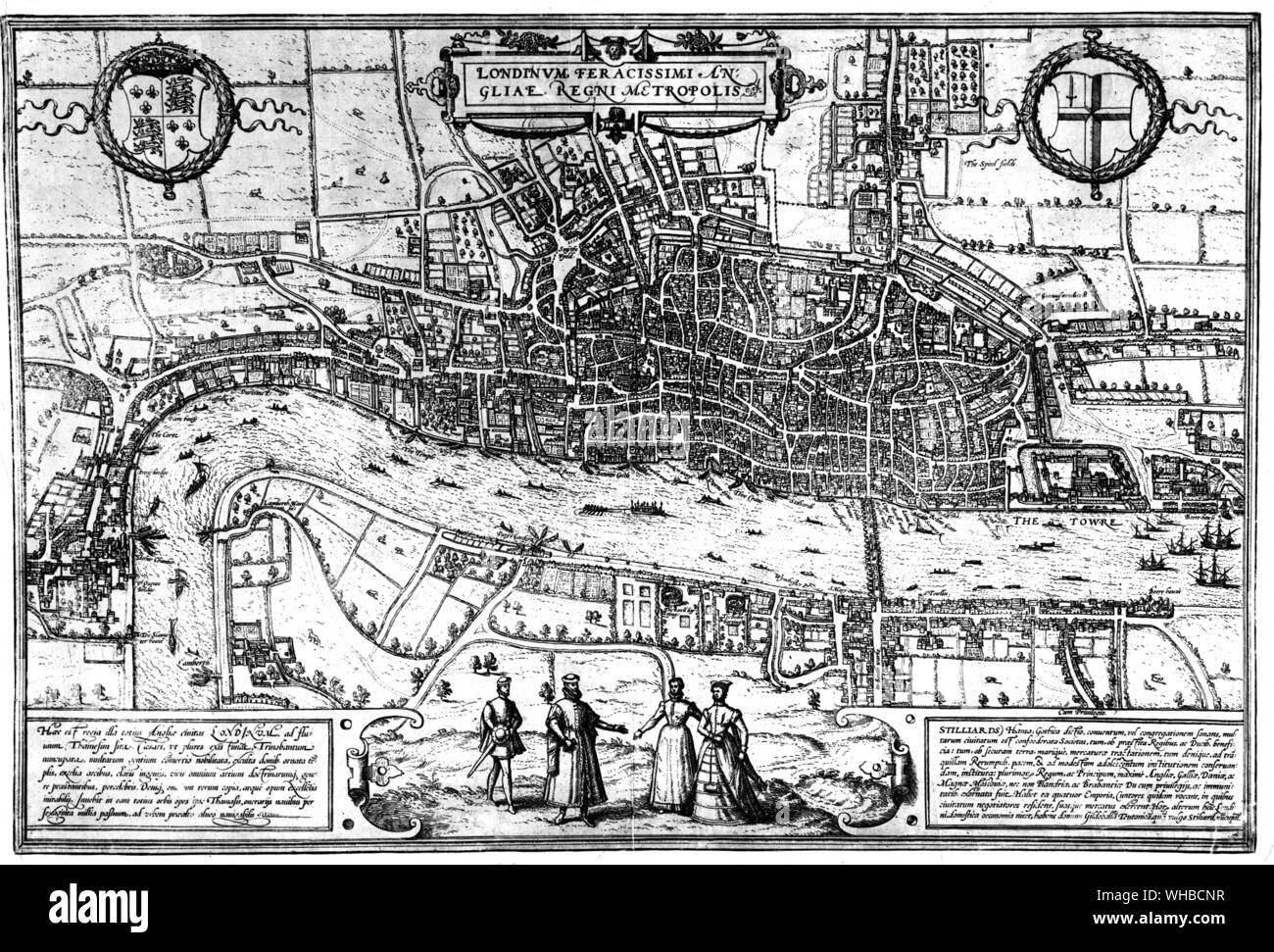Karte von London nach Georg Hofnagel, in Civitates Orbis Terrarum 1572 zugeschrieben. In diesem London, Shakespeare zuerst die vollständige Ansturm der Elisabethanischen Leben, das die Themse mit der Fähre und einem starren Rohr gekreuzt, London Bridge. Stockfoto