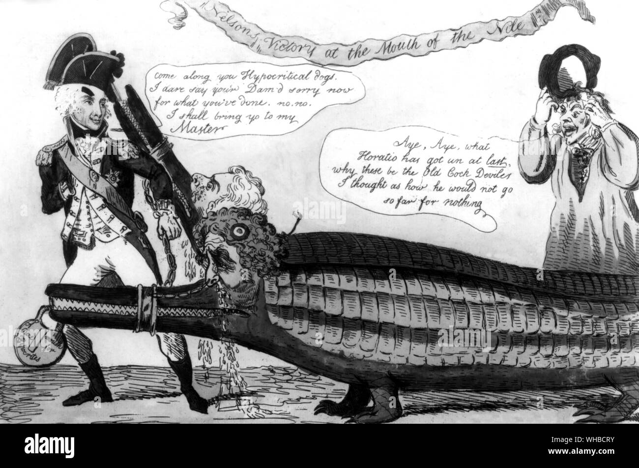 Cartoon auf Nelsons Sieg in der Schlacht am Nil - Köpfe von Crocs sind Mitglieder der Opposition, die pro Frieden waren und anti Nelson. Stockfoto
