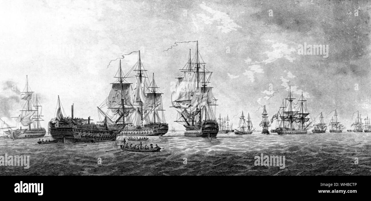 Blick auf den denkwürdigen Sieg der Nil hat im August 1798 über den Franzosen durch die britische Flotte in Aboukie Bucht.. von links nach rechts Timoleon brennen auf der Shore Tonnant Hingabe an das thesens und Leander 12 und 9 am Ufer O Goliath eifrige Swifture Verteidigung Minotaurus Vanguard. Stockfoto