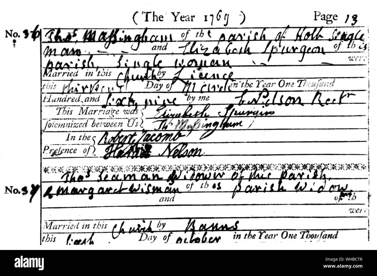 Eintrag in der Ehe Registrieren von Burnham Thorpe Kirche, Nelson's Signatur, im Alter von 11, signiert Horaz und später von selbst oder Vater korrigiert. Stockfoto