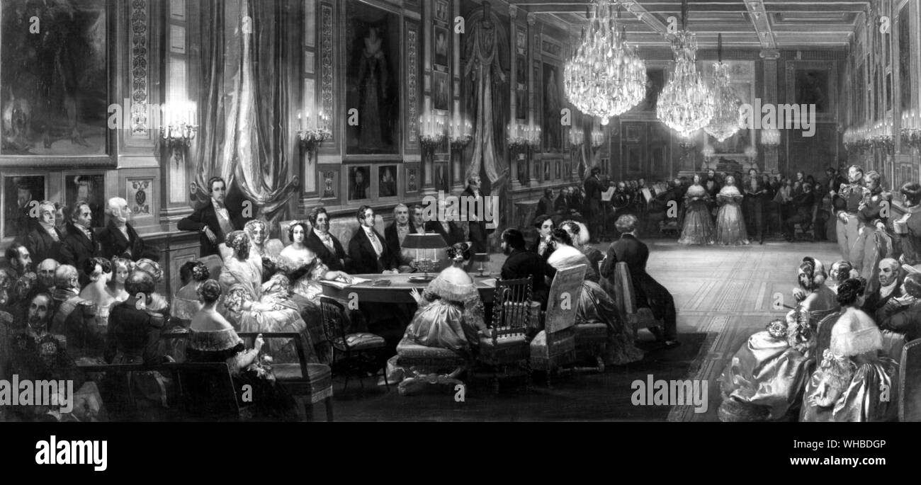 Besuch von Queen Victoria Treport 2 September 1843 - Gemälde von Eugene Lami zeigt ein Konzert im Chateau d'Eu (Versailles).. Im September 1843 Queen Victoria den Ärmelkanal überquerte zum ersten Mal. Ihr Ziel war Tréport in Nord-Frankreich, wo die Royal Party von Louis-Philippe, König der Franzosen erfüllt wurde. Von dort aus die Königin wurde von der Straße auf das Château d'Eu, Residenz des Königs. Am Ende Ihrer 5-tägigen Aufenthalt in Eu, Königin Marie-Amélie präsentiert Queen Victoria mit einem Ventilator, Aufnahme der Ankunft am Kai von Tréport am 2. September. -. Victoria Stockfoto