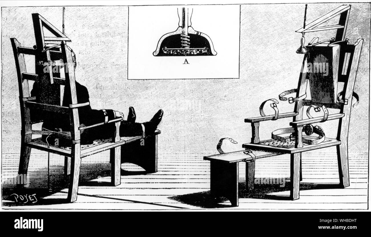 Ein Instrument der Menschheit oder ein Instrument der Folter? Sie nahm William Kemmler, 8 min. zu sterben, wenn er der erste Mensch wurde auf den Stuhl im Jahre 1890 zu gehen. Einfügung A zeigt einen Kopf Elektrode.. Stockfoto