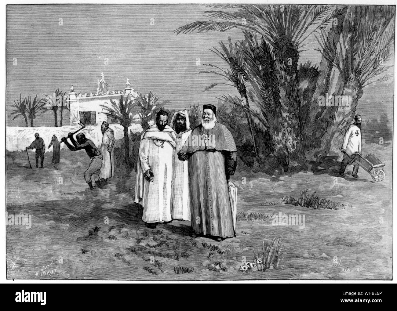Die Pioniere der Sahara - La Kardinal Lavigerie visitant les Travaux d'installation, Biskra.. Stockfoto