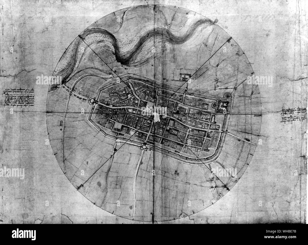 Leonardo da Vinci's Karte von Imola, die Stadt von Caterina Sforza geregelt. Leonardos Notizen auf beiden Seiten des Kreises finden Sie die Geographie von Bologna und anderen Städten, in denen Cesare Borgia eine militärische Interesse hatte Stockfoto
