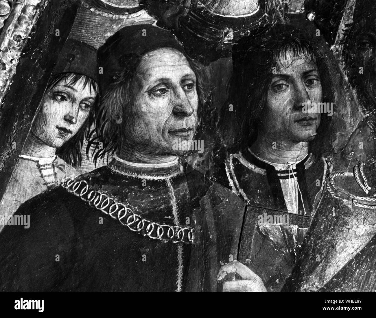 St Catherine's Disputation - Details einer der Fresken in der Borgia Appartments der Palazzi Pontifici im Vatikan, Rom Italien: von Pinturicchio auf Wunsch von Kardinal Rodrigo Borgia gemalt. Auf der linken suppsed ein Porträt des Architekten Antonio de Sangallo und links ein Selbstportrait von Punturicchio. 1493. Stockfoto