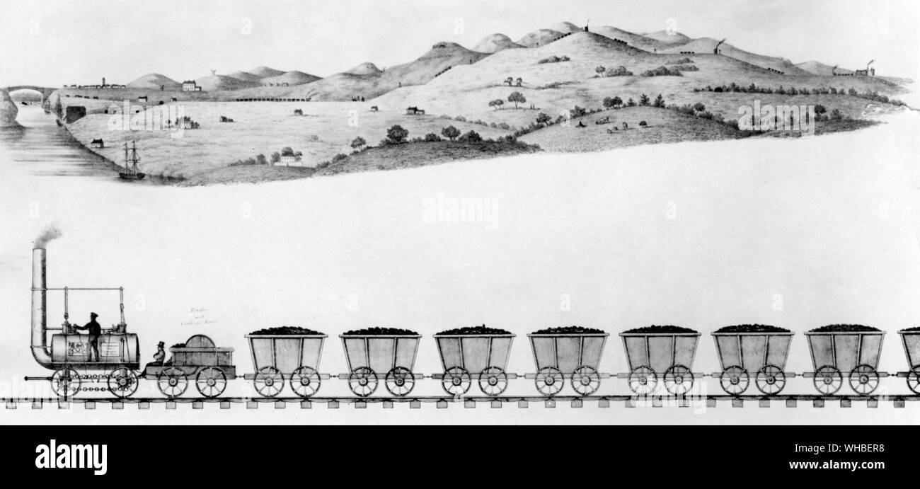 Ansicht der Eisenbahn von Hatton Zeche zum Depot am Ufer des Flusses, in der Nähe von Sunderland, in der Grafschaft Durham mit der Lok und anderen Motoren auf dem gleichen verwendet - über 1810 - farbige Gravur.. Stockfoto
