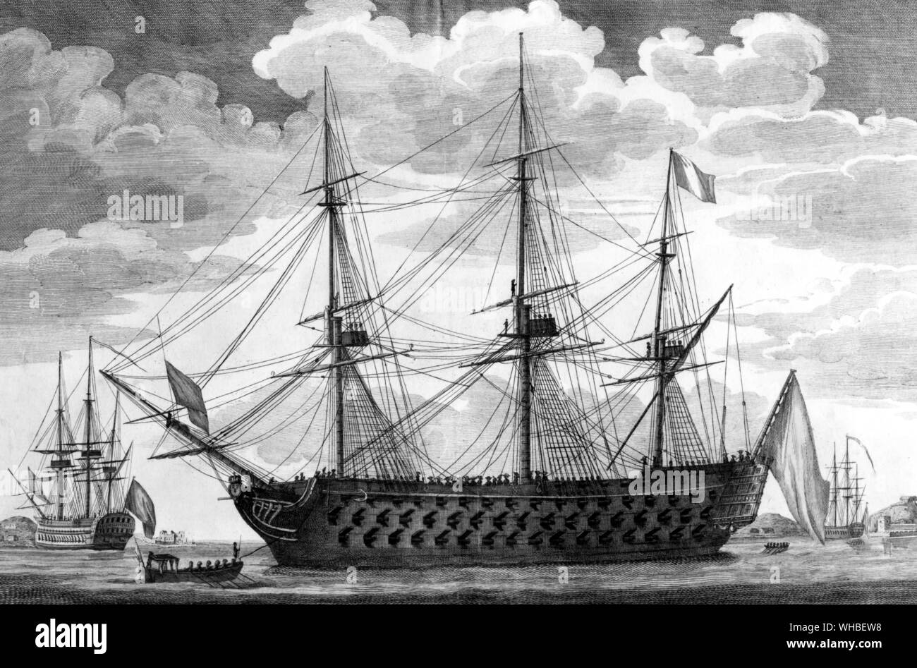 Le Commerce de Marseille - Veifseau Francaise 118 Dosen. - 1793 - Color Line Zeichnung von Emmerich - Océan - Typ Schiffe der Linie gestartet wurden eine Reihe von 16-118-gun Schiffe der französischen Marine, entworfen von Ingenieur Jacques-Noël Sané. Fünfzehn wurden 1788 abgeschlossen, und die letzte Eingabe Service in 1854. Die erste der Serie wurde die Commerce de Marseille.. Die 5.100 Tonnen schwere 118-Spritzpistole Typ war der größte Schiffstyp bis dahin gebaut.. Bis zu 1790 Großbritannien, das größte der Kampf flotte Nationen, hatte nicht besonders großen Schlachtschiffe gebaut, weil die Notwendigkeit Stockfoto