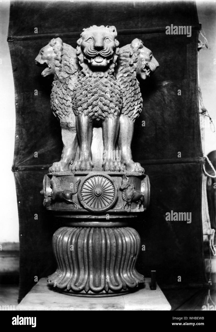 Asoka Säule mit drei Löwenköpfe angezeigt - die berühmte original Sandstein gemeißelte Lion Capital von Ashoka bei Sarnath Museum konserviert und ursprünglich um 250 v. Chr. errichtet auf einem Ashoka Säule bei Sarnath. Der Winkel, aus dem dieses Bild gemacht wurde, abzüglich der invertierte glockenförmige Lotus Blume, wurde angenommen, wie das nationale Emblem von Indien, das Pferd auf der linken und der Stier auf der rechten Seite des Ashoka Chakra in die runde Basis, auf der die vier Indischen Löwen zurück Stehen. Auf der anderen Seite gibt es ein Elefant und ein Löwe statt. Das Rad Ashoka Chakra aus seiner Stockfoto