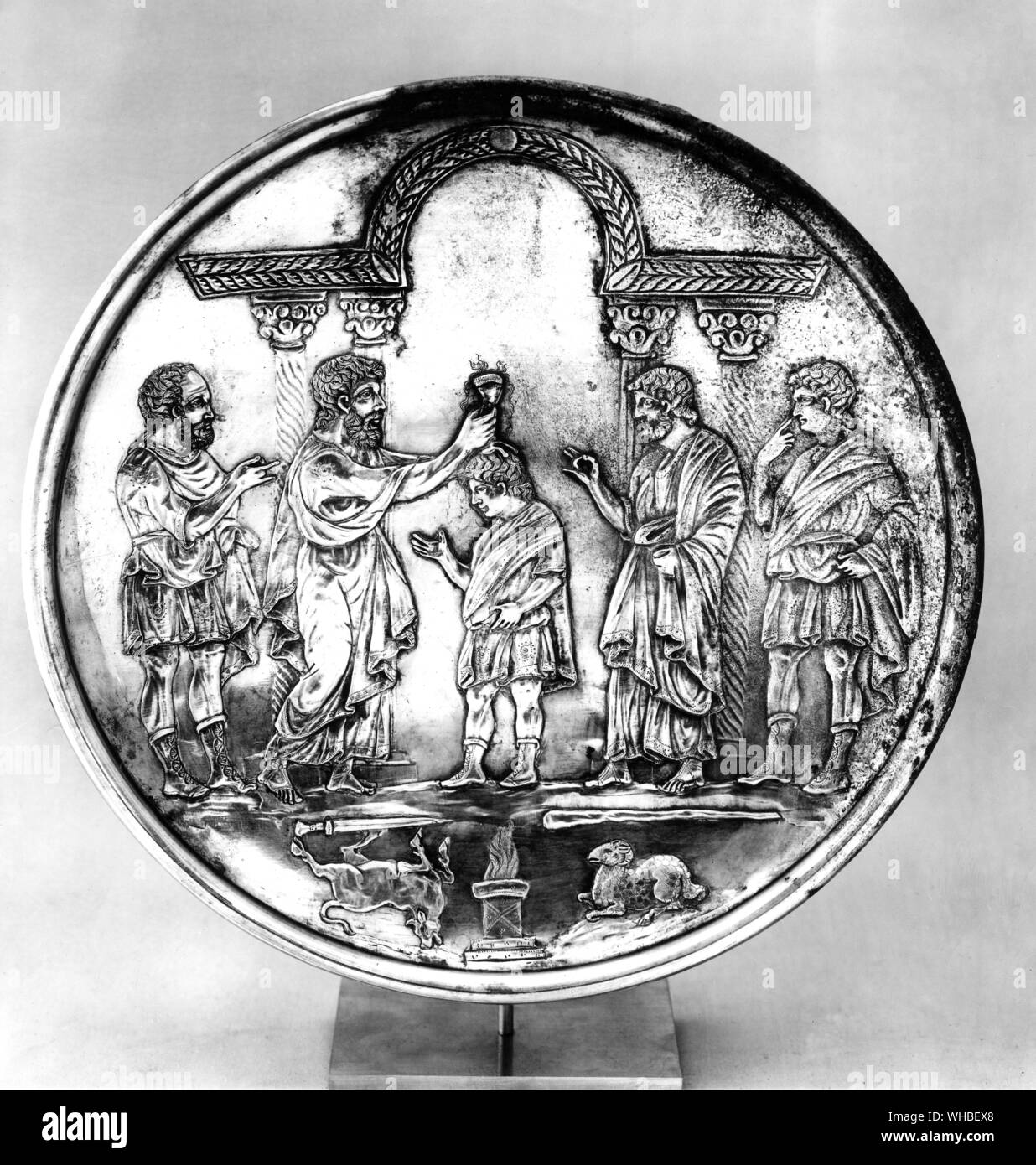 Metallarbeiten - Silber - frühe VII Jahrhundert (610-630) - Datenträger, die von Samuel David zum König gesalbt. Stockfoto