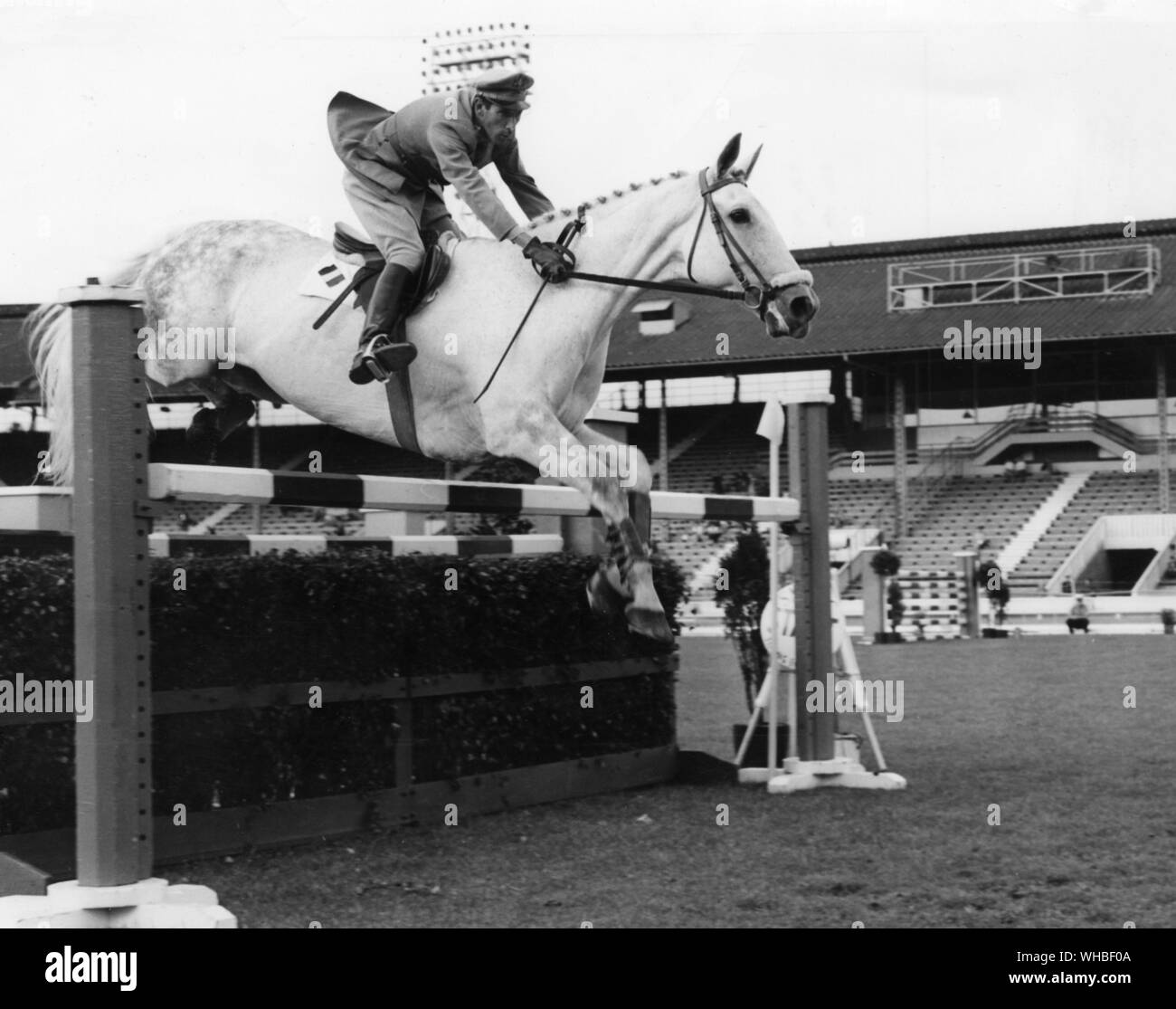 Pierro D'Inzeo reiten das Pferd namens Rock. Gewinner des King George V Schale an der weißen Stadt Stockfoto