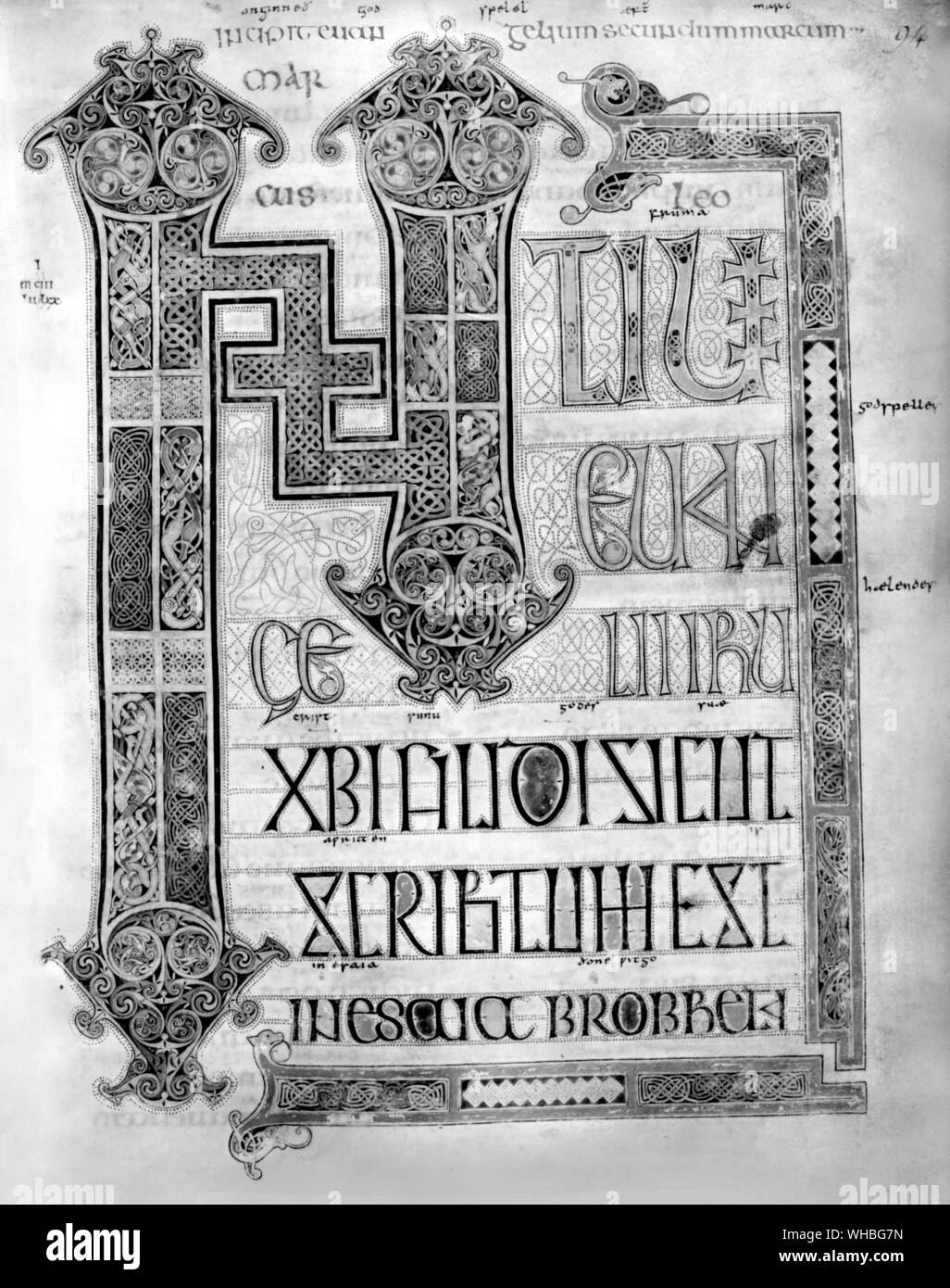 Beleuchtete text Seite von Lindisfarne Gospels 698 - 721 Stockfoto