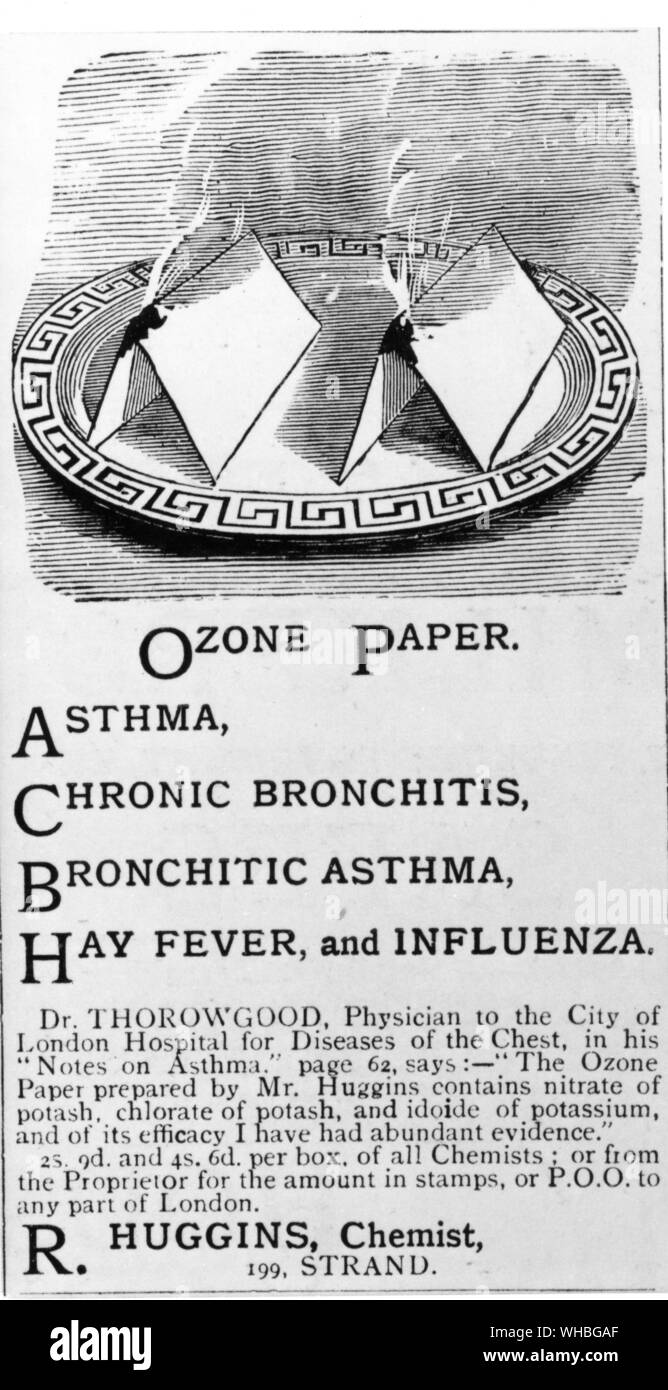 Werbung für Ozon Papier als Heilmittel für Krankheiten der Brust ie: Asthma, chronische Bronchitis, Zusammenhang zwischen Bronchitis-Symtomen Asthma, Heuschnupfen und Influenza - Die Grafik vom 7. August 1886 Stockfoto