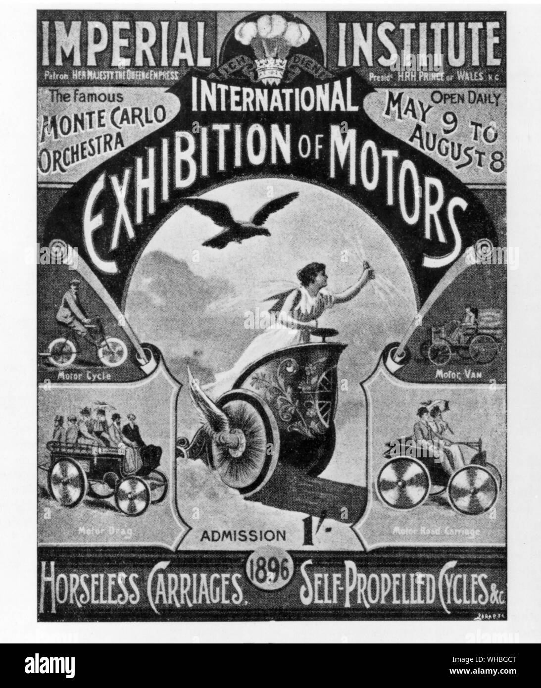 Imperial Institute - Internationale Ausstellung für Motoren Poster: pferdelosen Kutschen, Selbstfahrende Zyklen. 9. Mai, 8. August 1896 Stockfoto