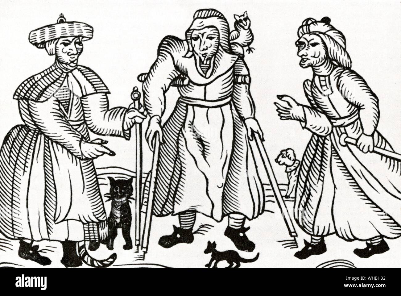 Drei Hexen von Belvoir in einem Holzschnitt aus dem 17. Jahrhundert. Die Hexen von Belvoir (ausgesprochen Biber) waren drei Frauen, eine Mutter und ihre zwei Töchter, warf der Hexerei in England um 1619. Die Mutter, Joan Blume, starb, während er im Gefängnis, und die zwei Töchter, Margaret und Philippa, wurden auf dem Scheiterhaufen am Lincoln verbrannt.. Stockfoto