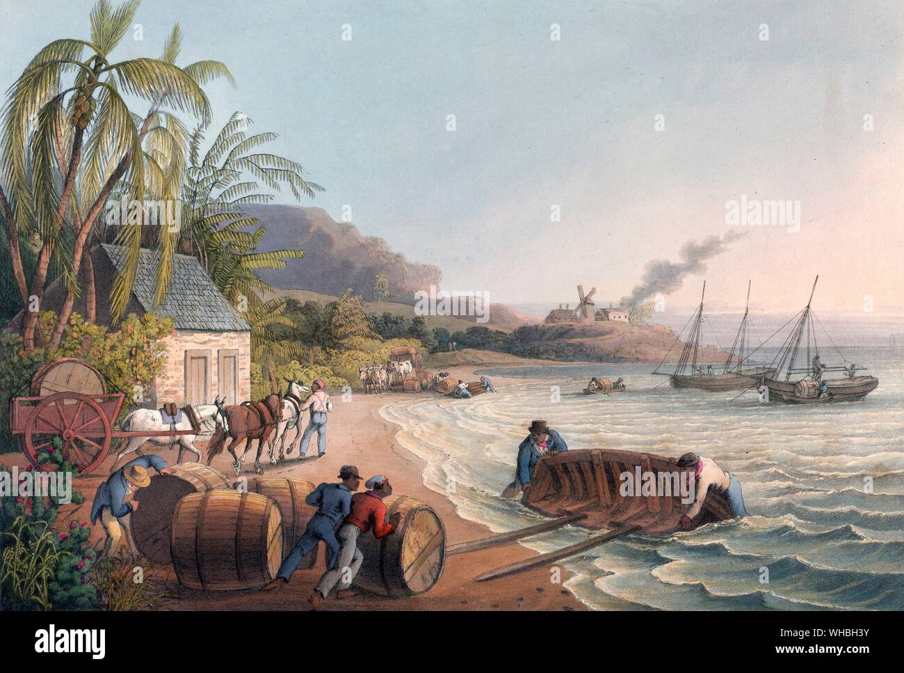 Sklaven, die Zuckerhogsheads auf ein Boot laden, 1823. Aus zehn Ansichten auf der Insel Antigua, in denen die Prozesse der Zuckerherstellung dargestellt werden Stockfoto