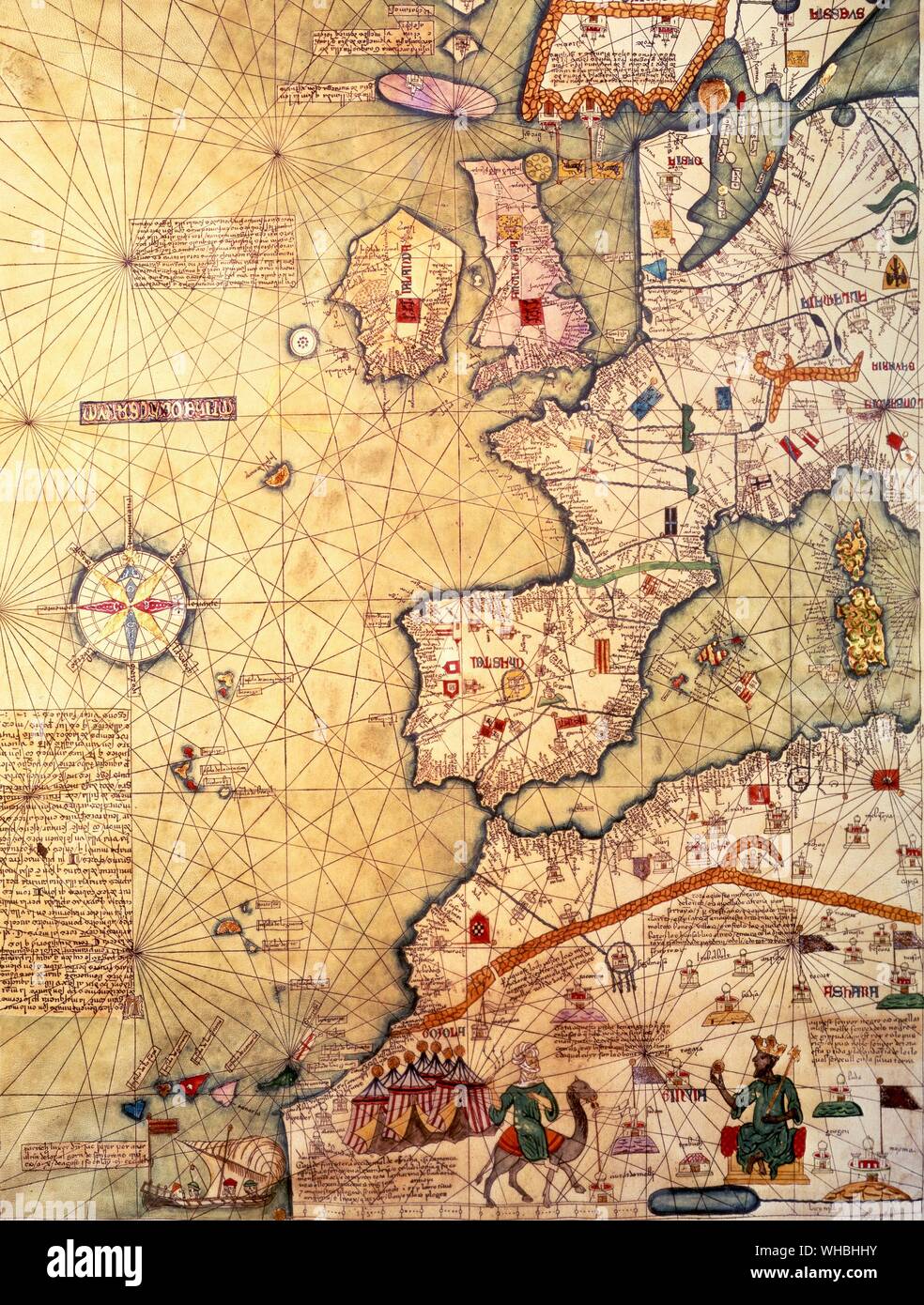 Teil der westlichen Atlas. . Die westliche Hälfte der Katalanischen Atlas 1375 Stockfoto