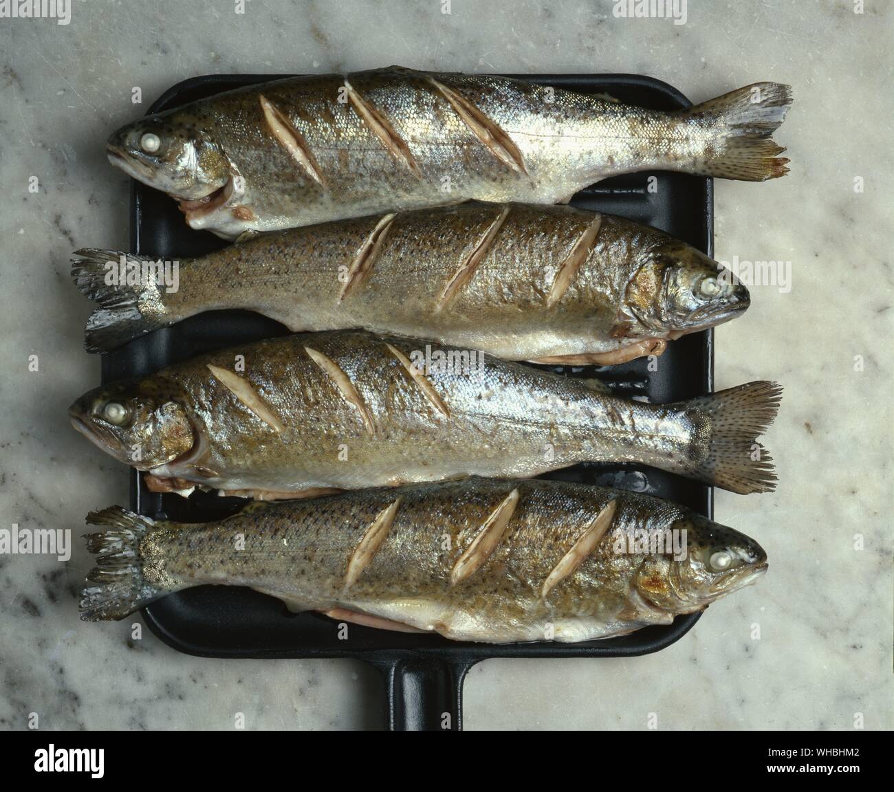 Gegrillte Forelle: ein süßwasserfischen gezählt und unter einem Grill zubereitet Stockfoto