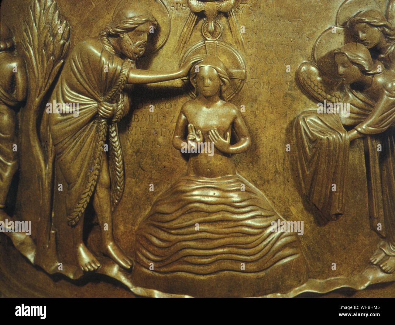 Baptisonal Font detail, St-Barthelemy (Kirche St. Bartholomäus), Lüttich, Belgien Stockfoto