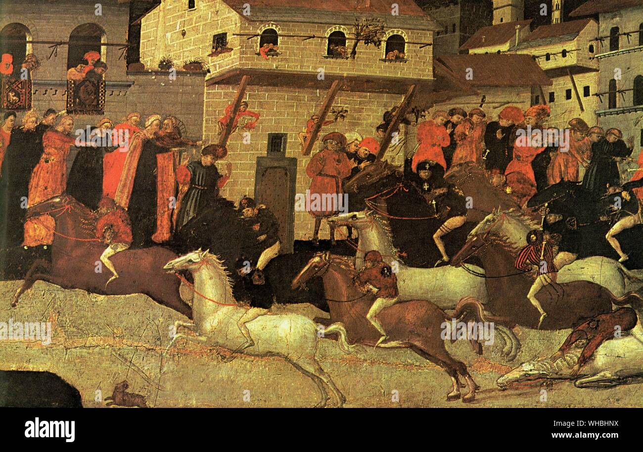 Palio racing in Florenz - 15. Jahrhundert. Diese Szene ist das Ende der wichtigsten Rennen zu Ehren des Hl. Johannes des Täufers am 24. Juni. Die besten Pferde in Italien lief für den Palio oder Mantel, die von Brocade, Gold, Hermelin und miniver und Kosten um 600 Gulden vorgenommen wurde. Die Reiter tragen die Vereine, die in den raueren Rennen auf Gegner verwendet wurden. Stockfoto