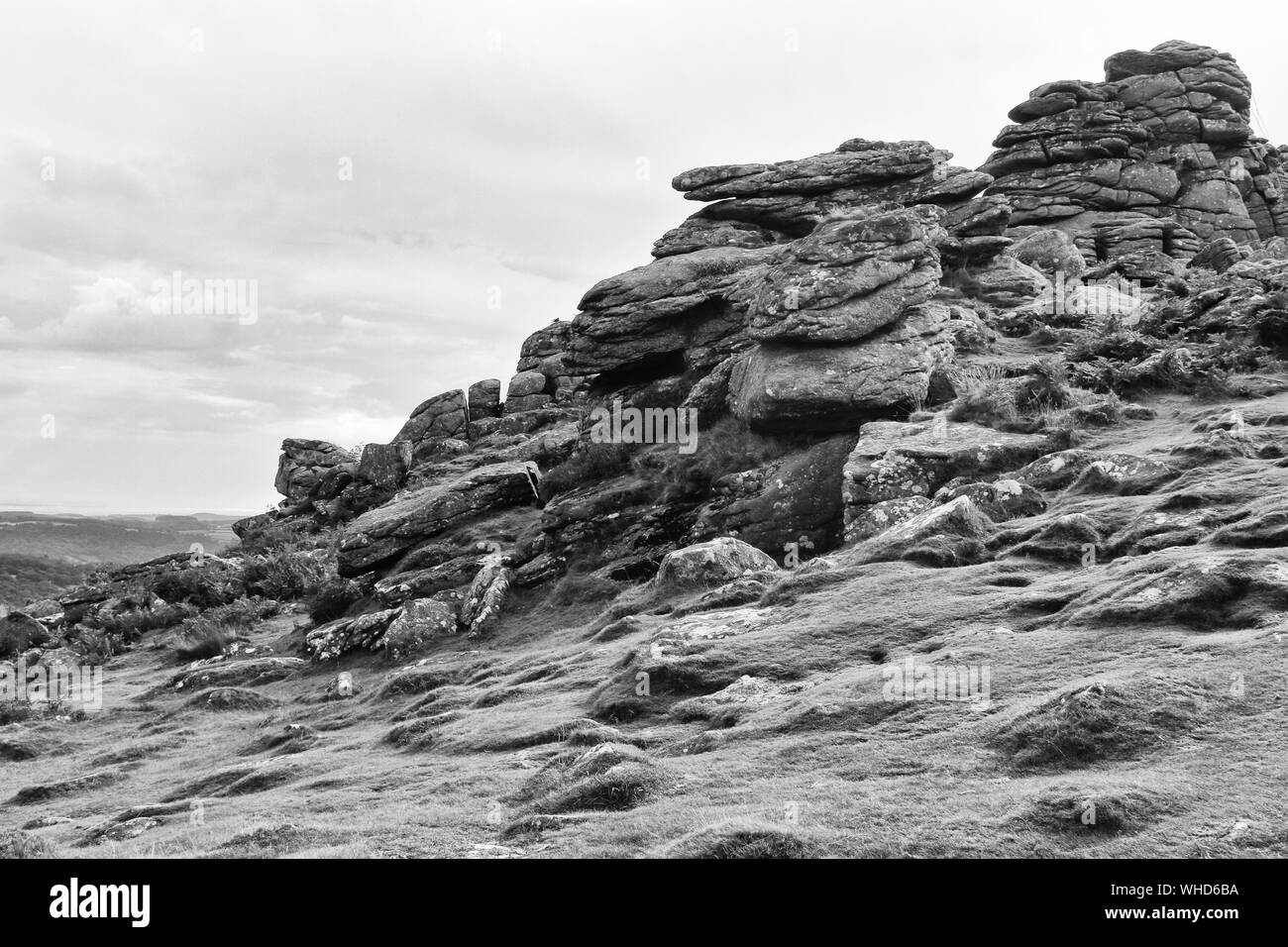 Einen Blick auf das einmalige Dartmoor Felsformationen und Panoramen Stockfoto