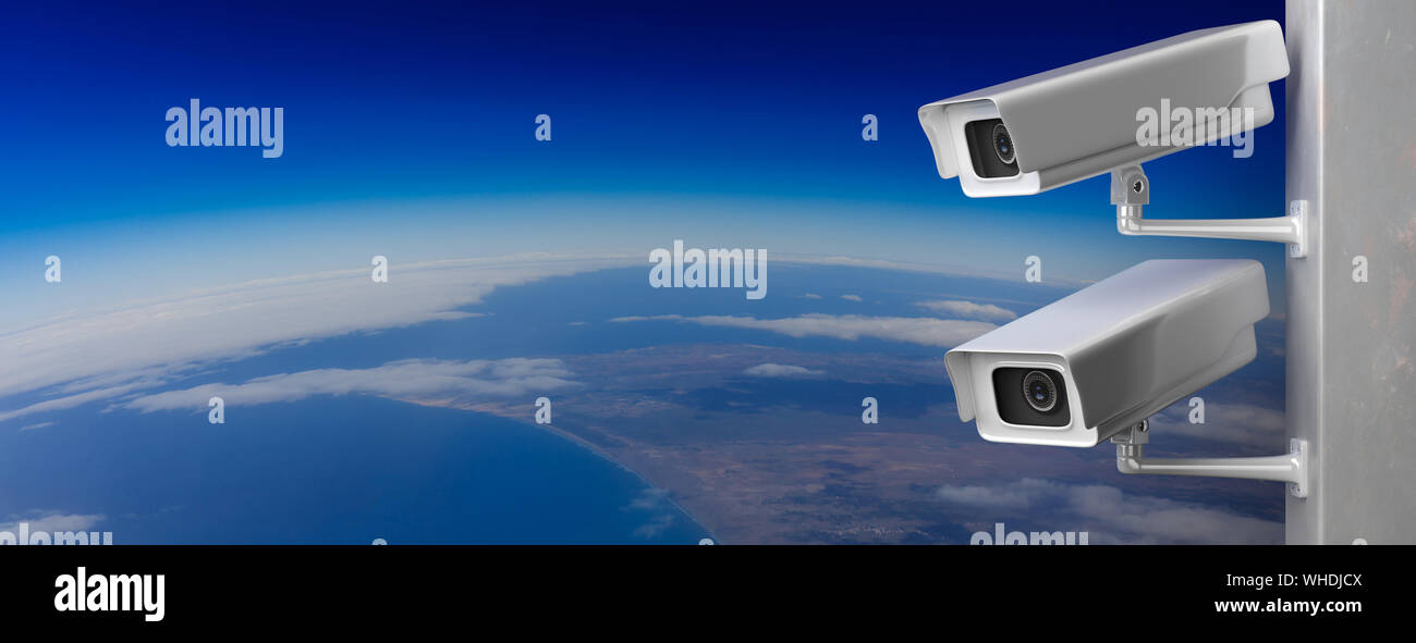 Überwachung CCTV-Kameras. Security cam im Freien gegen Masse Krümmung Hintergrund, Banner, kopieren. 3D-Darstellung Stockfoto