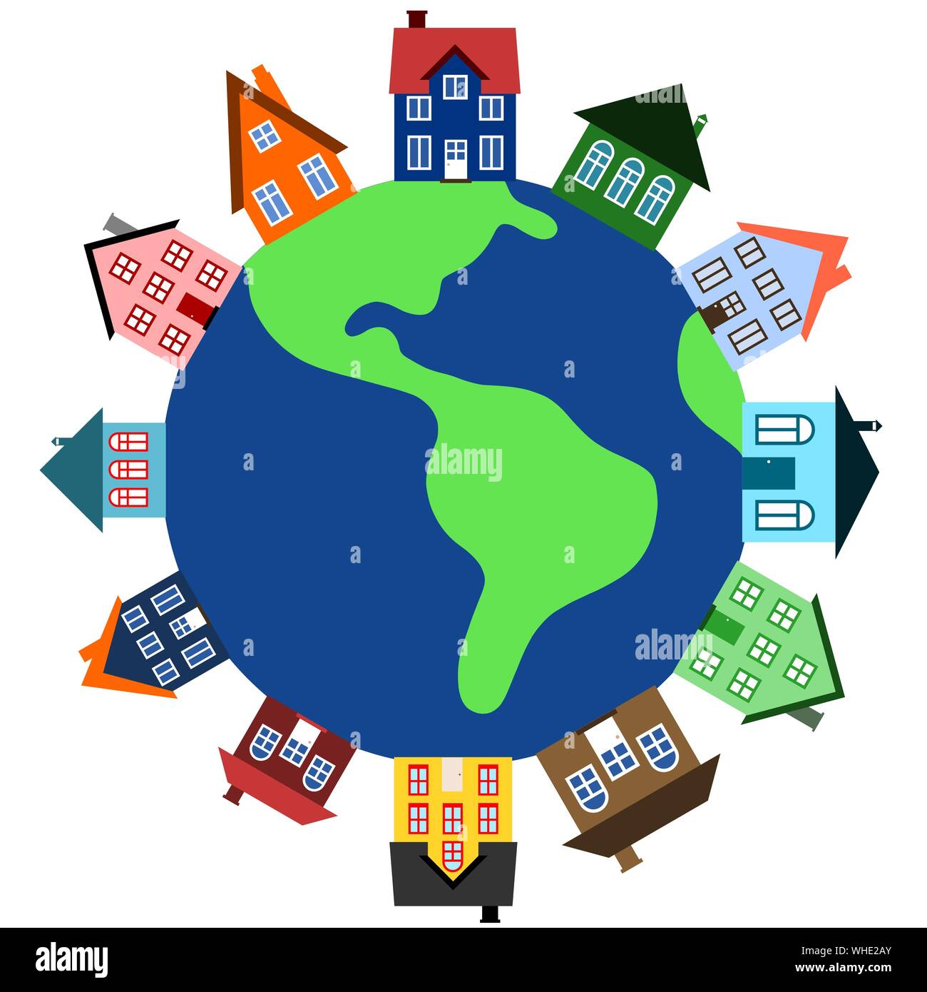 Globale Gemeinschaft - Erde und Häuser. Welt mit Gebäuden Abbildung. Stock Vektor