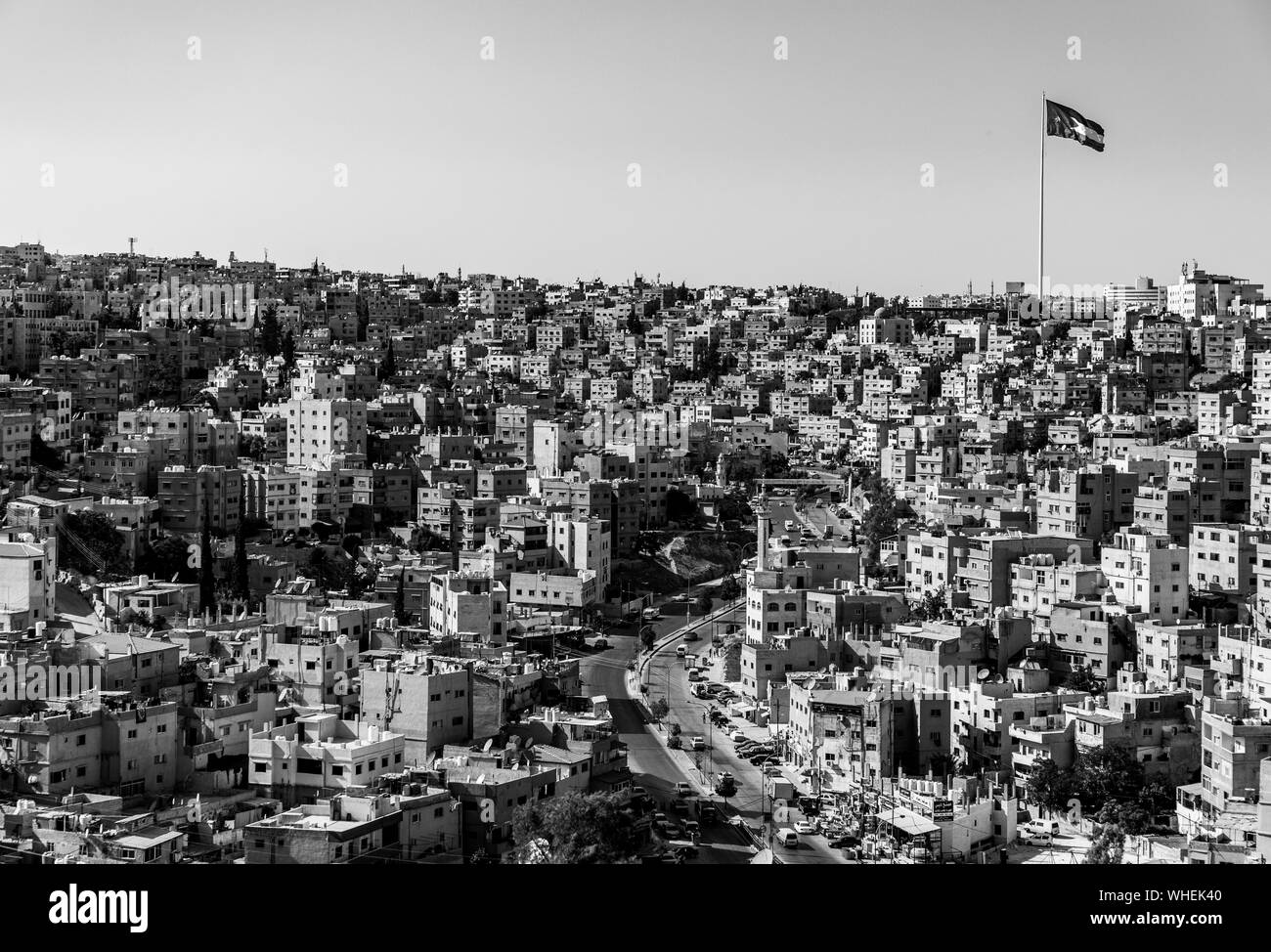 Ein schwarz-weißes Bild der Al Qusour Bezirk in Amman. Stockfoto