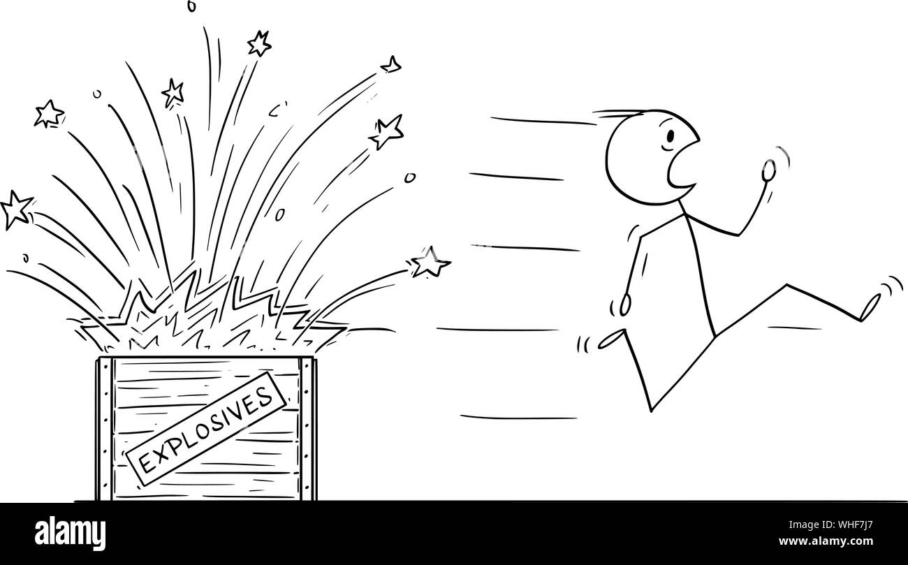 Vektor cartoon Strichmännchen Zeichnen konzeptionelle Darstellung der Mann, pyrotechnist oder bombenentschärfung Experte von explodierenden Box mit Sprengstoff. Stock Vektor