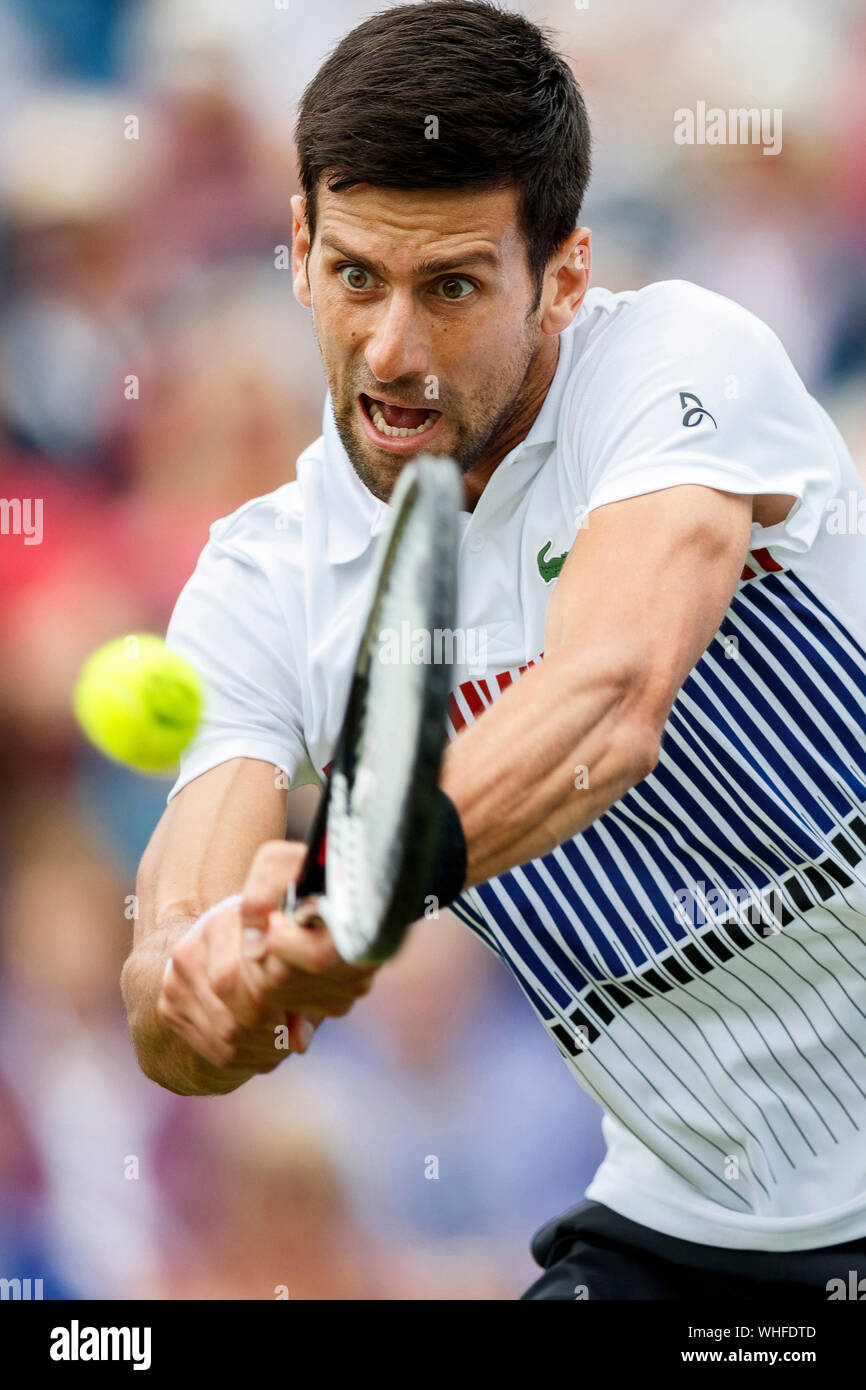 Aegon International 2017 - Eastbourne - England - der ATP Männer Halbfinale. Novak Djokovic aus Serbien spielen mit zwei rückhand gegen Daniil Medwedew von Stockfoto