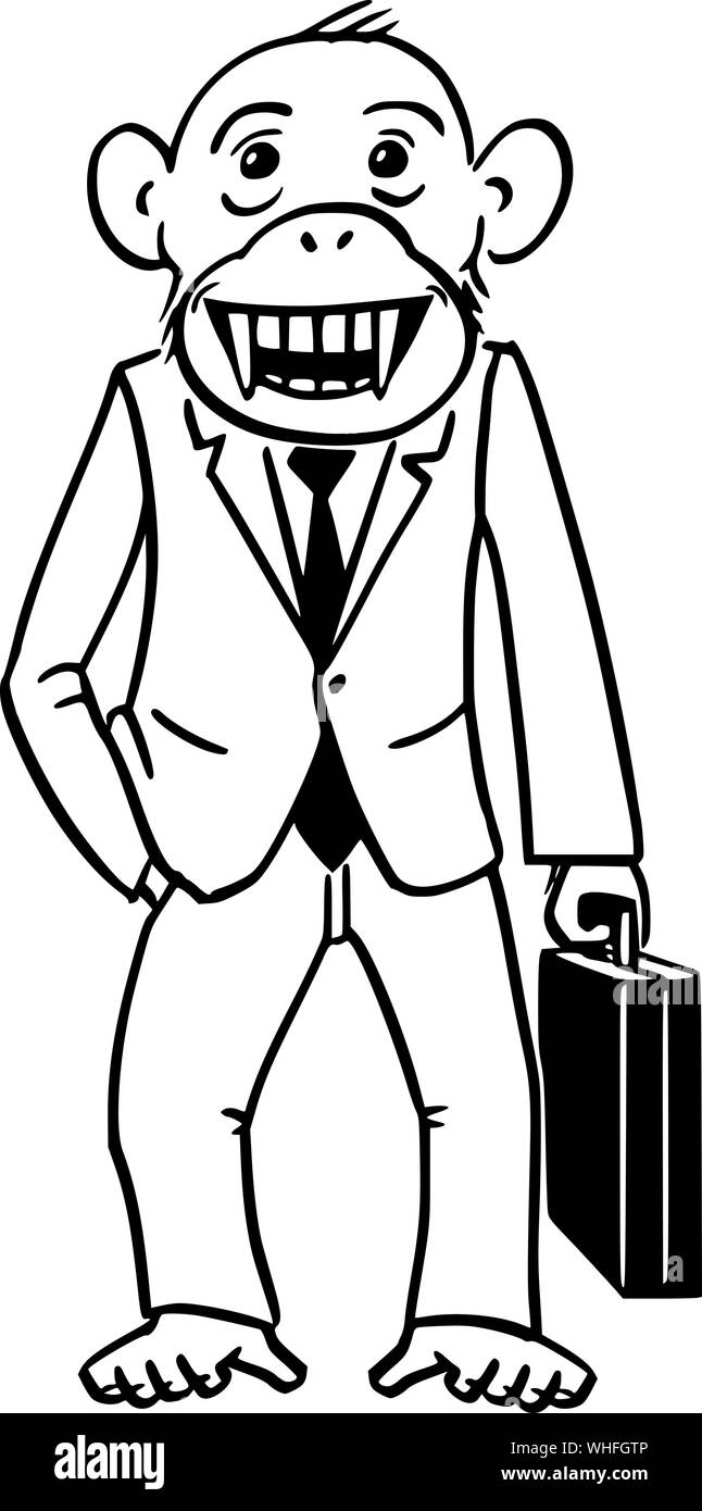 Vektor Zeichentrickfigur Zeichnung konzeptuelle Abbildung: Affe, Affe oder Schimpansen Geschäftsmann in Anzug und Aktenkoffer. Monkey Business Konzept. Stock Vektor