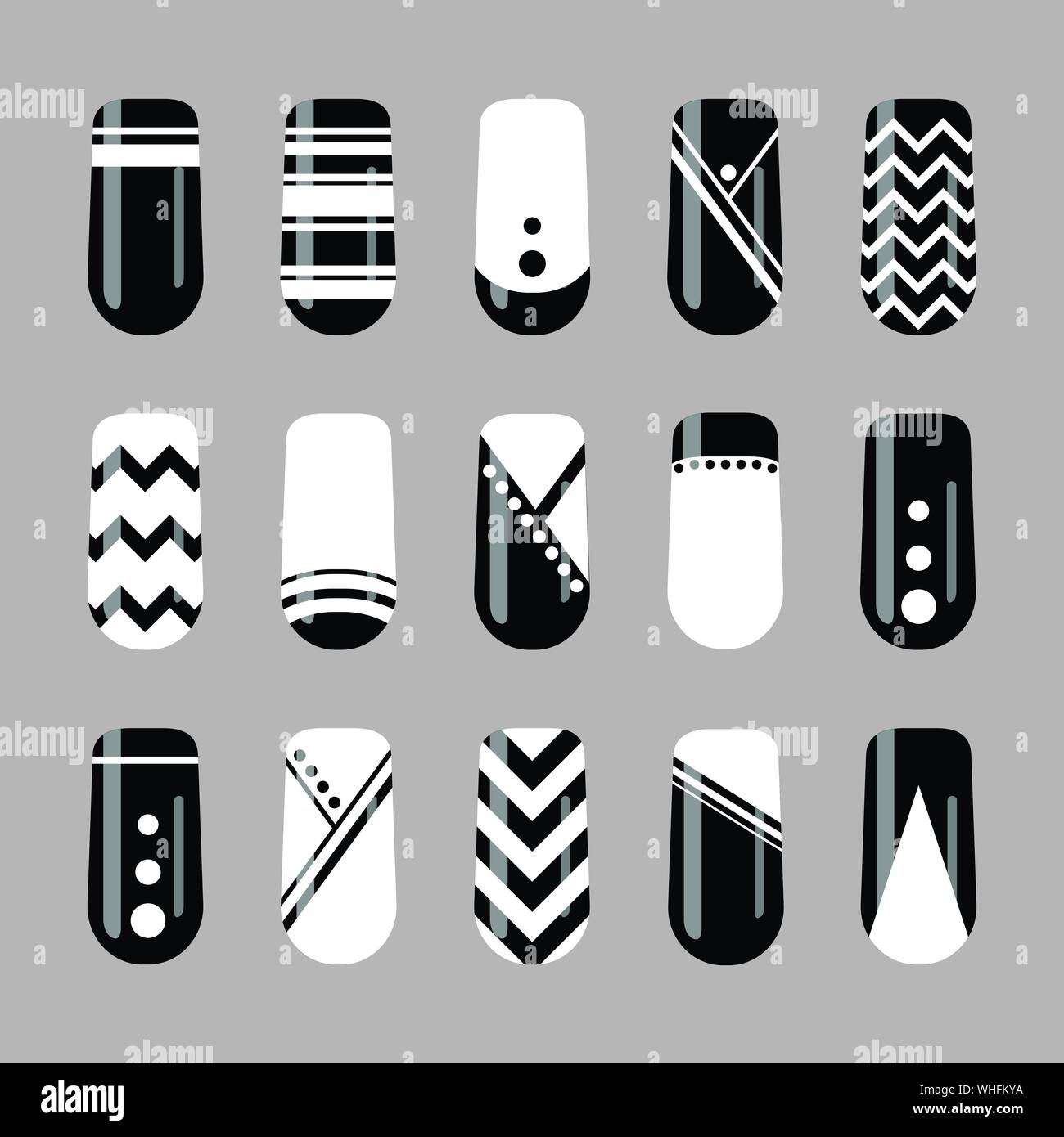 Nail Art Design. Vektor einrichten der Schwarzen und Weißen geometrischen Nägel Vorlage Stock Vektor