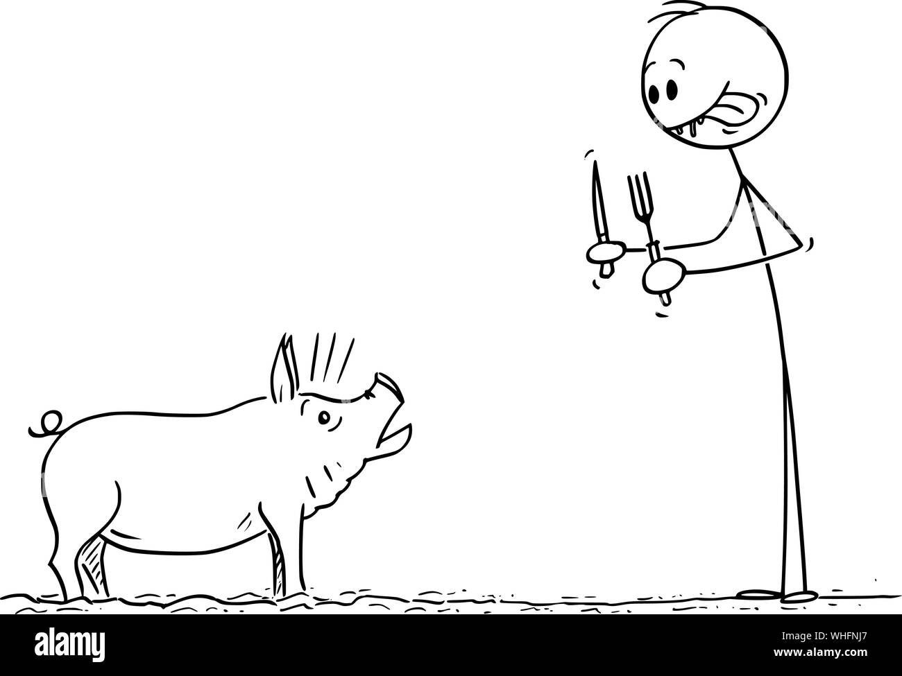 Vektor cartoon Strichmännchen Zeichnen konzeptionelle Darstellung der Mann seine Lippen smacking Während terrified Schwein mit Messer und Gabel in den Händen. Stock Vektor