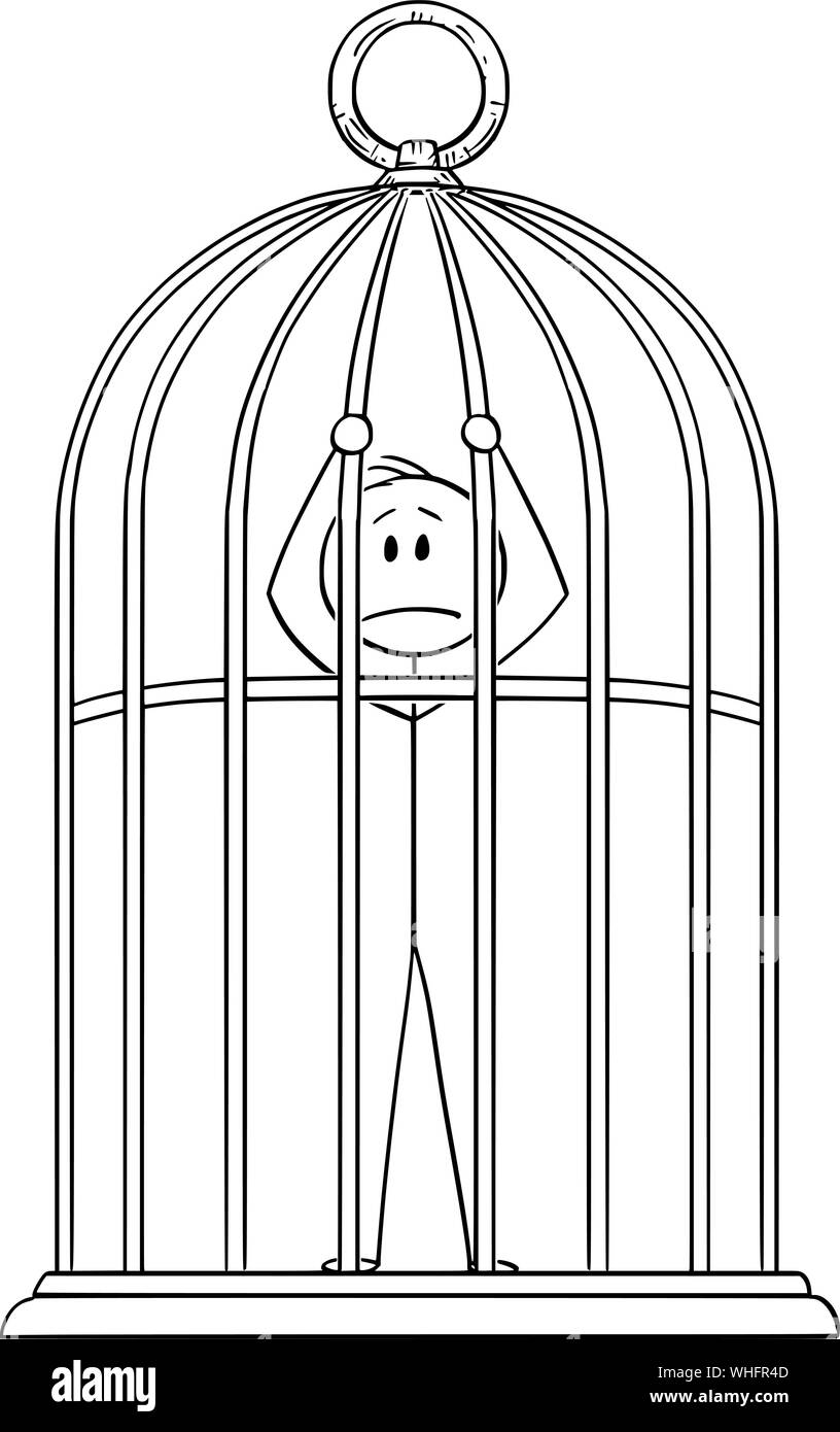 Vektor cartoon Strichmännchen Zeichnen konzeptionelle Darstellung der Mann oder Geschäftsmann in goldenen Vogel Käfig gefangen. Stock Vektor