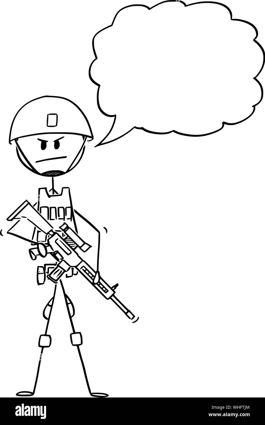 Vektor cartoon Strichmännchen Zeichnen konzeptionelle Darstellung der moderne Armee Soldat in Camouflage Weste und Helm und mit Gewehren bewaffnet. Leere Sprechblase für Ihren Text. Stock Vektor