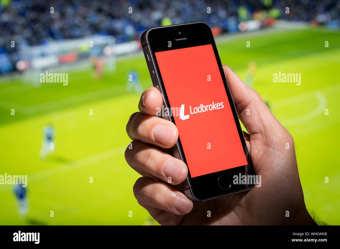 Ein Mann auf der Suche an der Ladbrokes app-Webseite, während gerade der Fußball Stockfoto