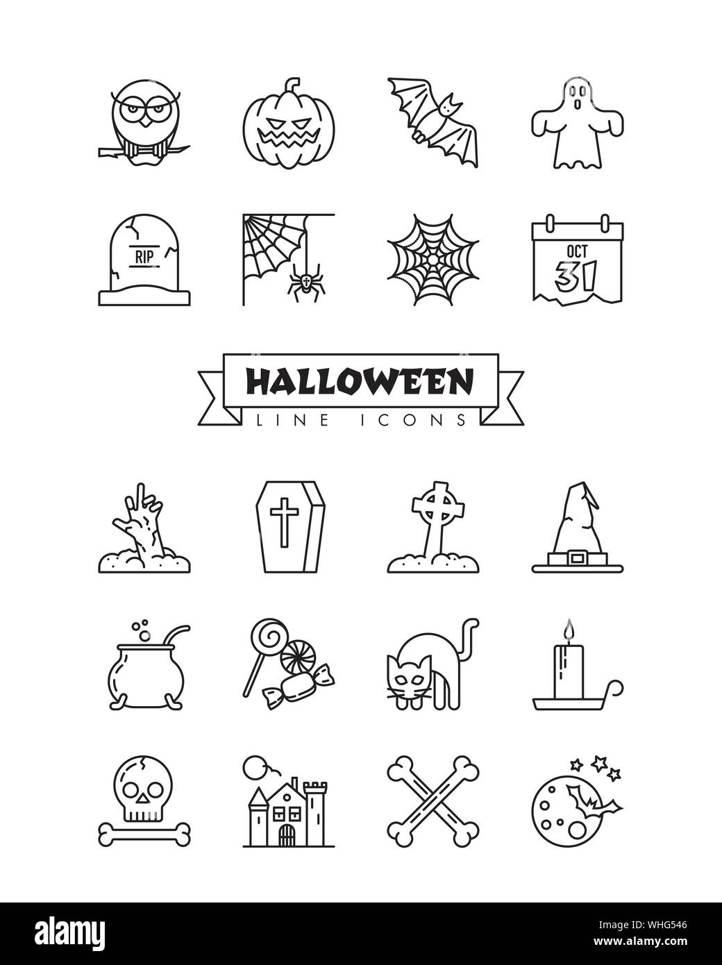 Halloween Symbole Symbol Leitung Sammlung. Set mit 20 spooky vektor design Elemente im Umriss Stil. Stock Vektor