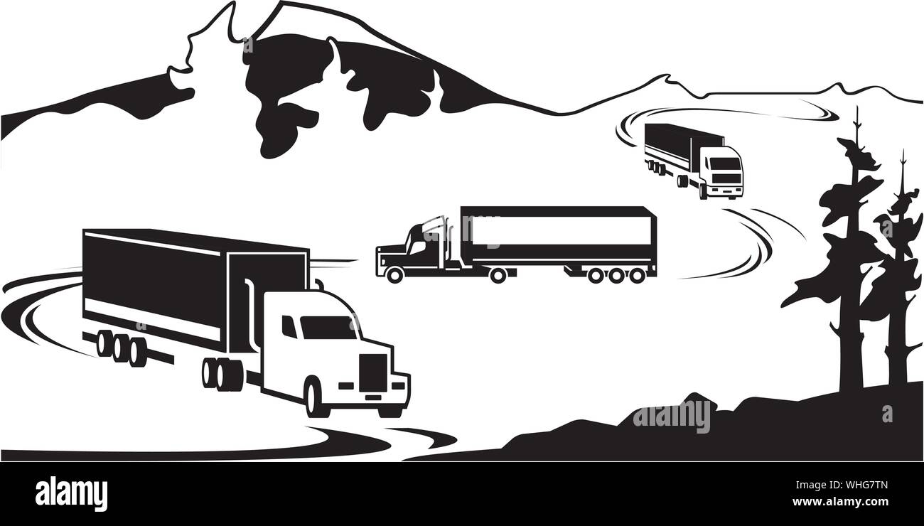 Lkw mit Ware über den Berg im Winter - Vector Illustration Stock Vektor