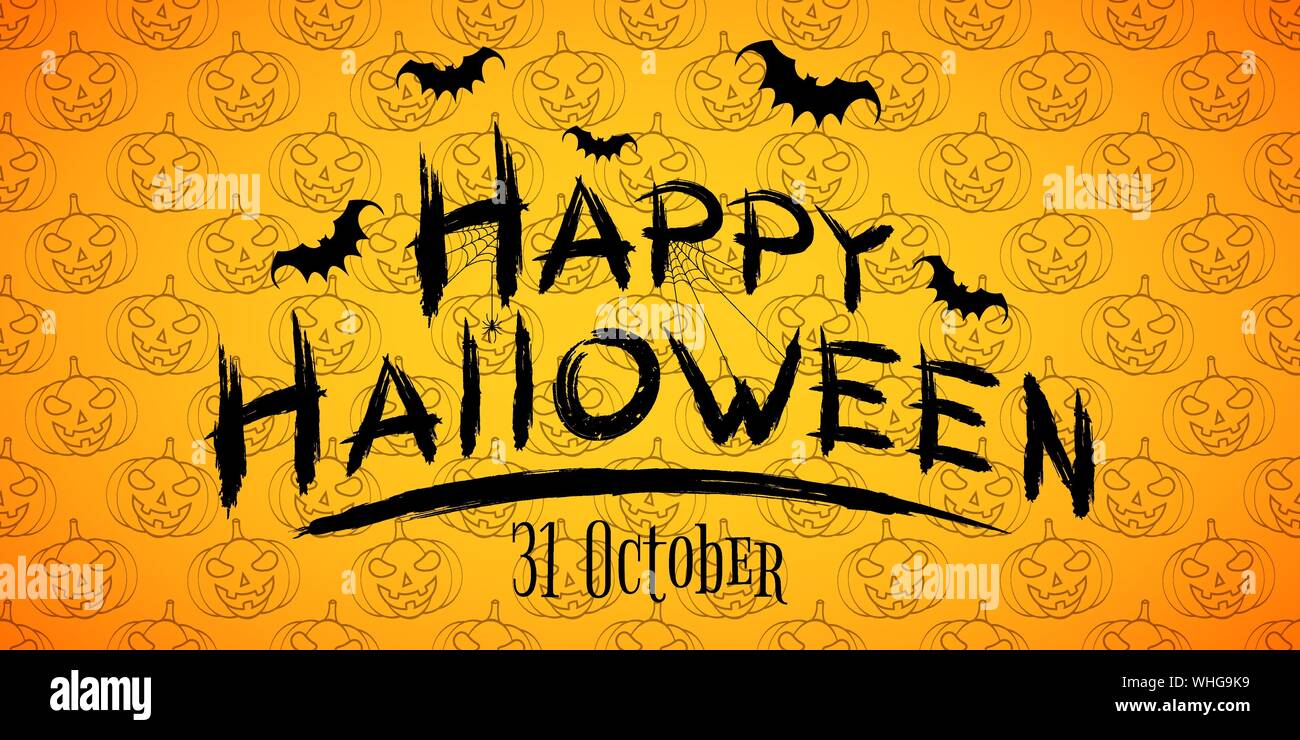 Happy Halloween text Banner. Kürbisse nahtlose Muster. Schrecklich grunge Kalligraphie mit Fledermäuse und Spinnen auf einem dunklen Hintergrund. Vector Illustration. E Stock Vektor
