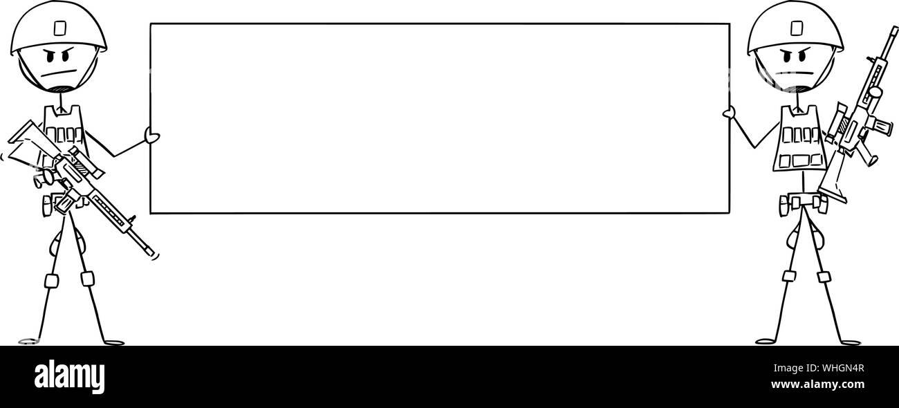 Vektor cartoon Strichmännchen Zeichnung konzeptuelle Abbildung von zwei moderne Armee Soldaten mit Gewehr und halten grosse leere Zeichen. Stock Vektor