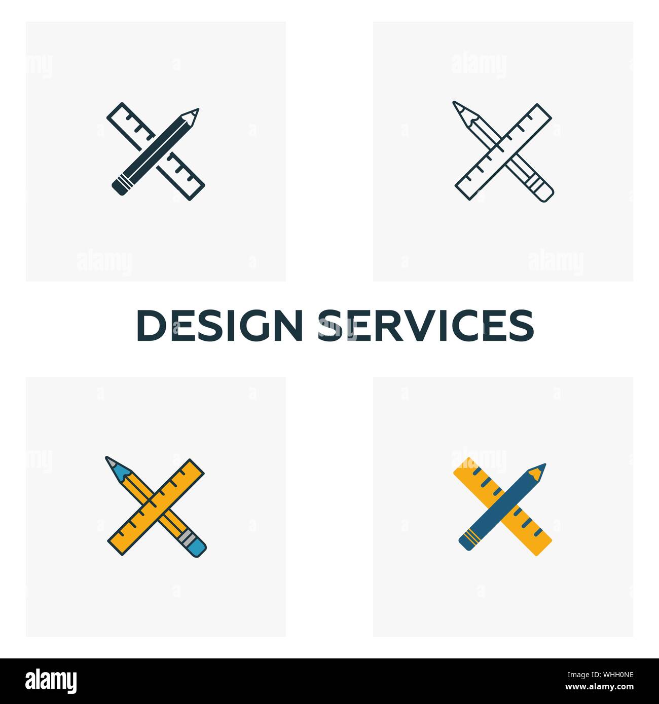 Design Services Icon Set. Vier Elemente in verschiedenen Stilrichtungen von Design der Benutzeroberfläche und der ux icons Collection. Creative Design Services Icons, Umriss Stock Vektor