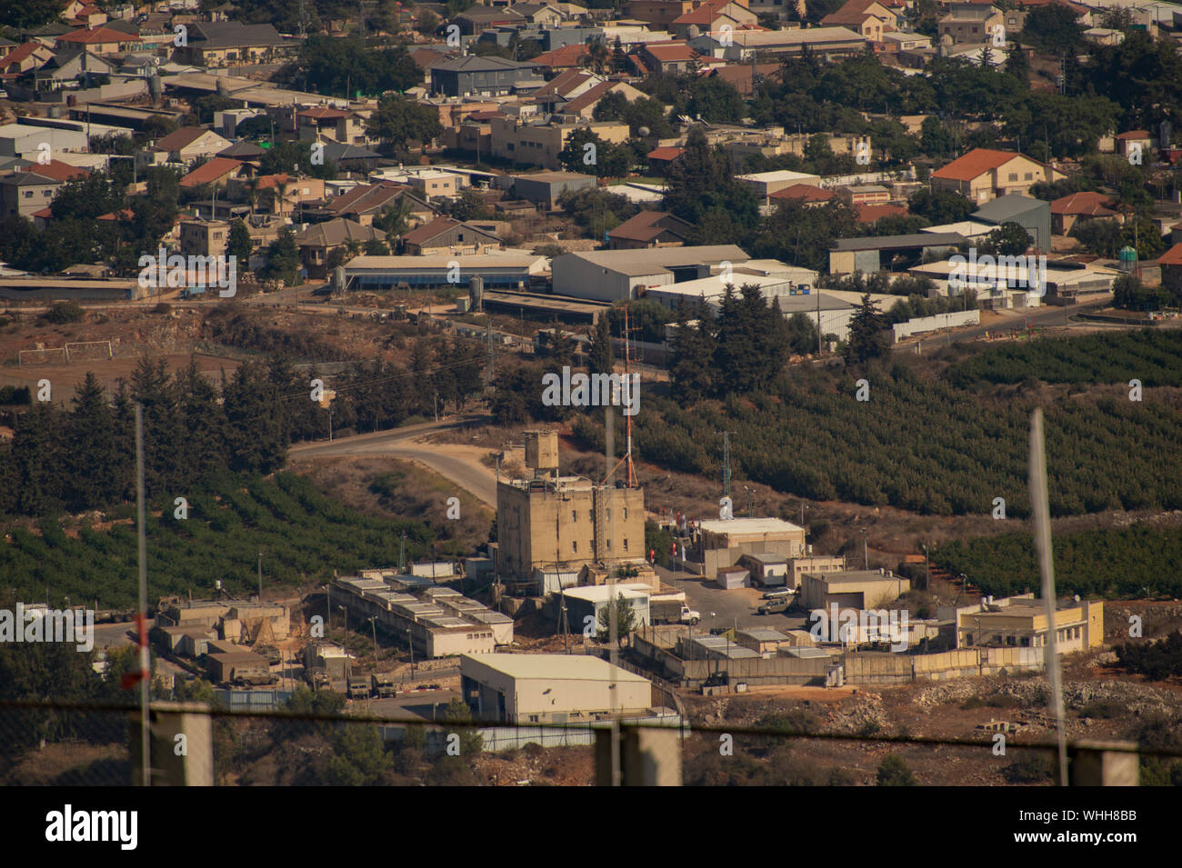 Israelische Militärbasis in der Nähe des Avivim Siedlung, nahe der südlichen Libanon Grenze. Der Militärbasis wurde wurde von Kämpfern aus schiitischen Widerstand der Hisbollah am 1. September 2019 angegriffen. Stockfoto