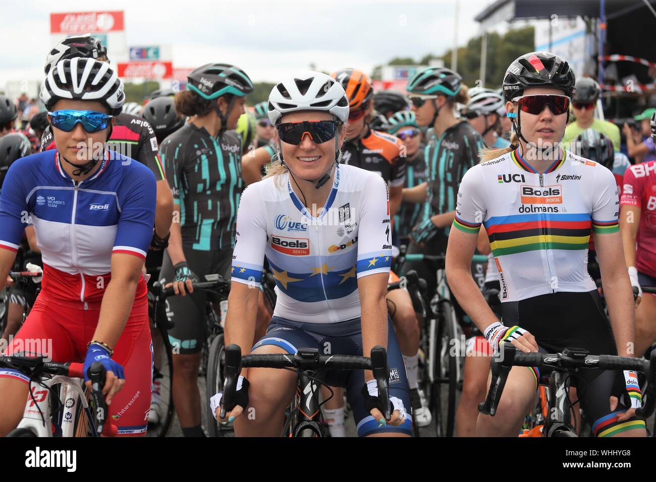 Jade Wiel in Team FDJ Nouvelle Aquitaine, Amy Pieters und Anna Van Der Breggen in Team Boens Dolmans Radfahren beim Radfahren Grand-Prix de Plouay - Lorient Agglo - Frauen der Welttournee 2019, Plouay - Plouay (128 Km), am 31. August - Foto Laurent Lairys/DPPI Stockfoto