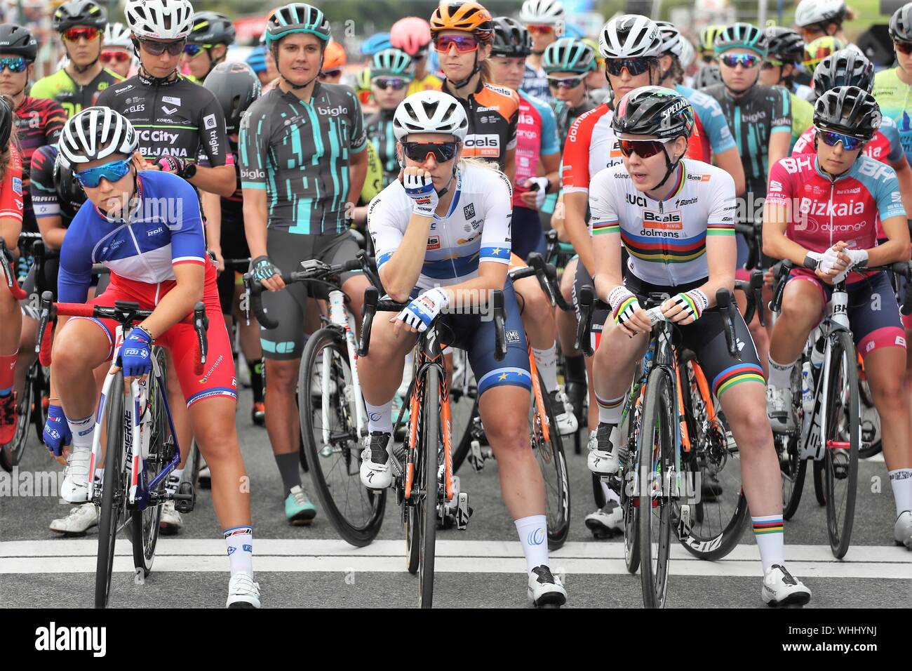 Jade Wiel in Team FDJ Nouvelle Aquitaine, Amy Pieters und Anna Van Der Breggen in Team Boens Dolmans Radfahren beim Radfahren Grand-Prix de Plouay - Lorient Agglo - Frauen der Welttournee 2019, Plouay - Plouay (128 Km), am 31. August - Foto Laurent Lairys/DPPI Stockfoto